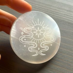Etched Selenite Charging Plate - Serpent Sun